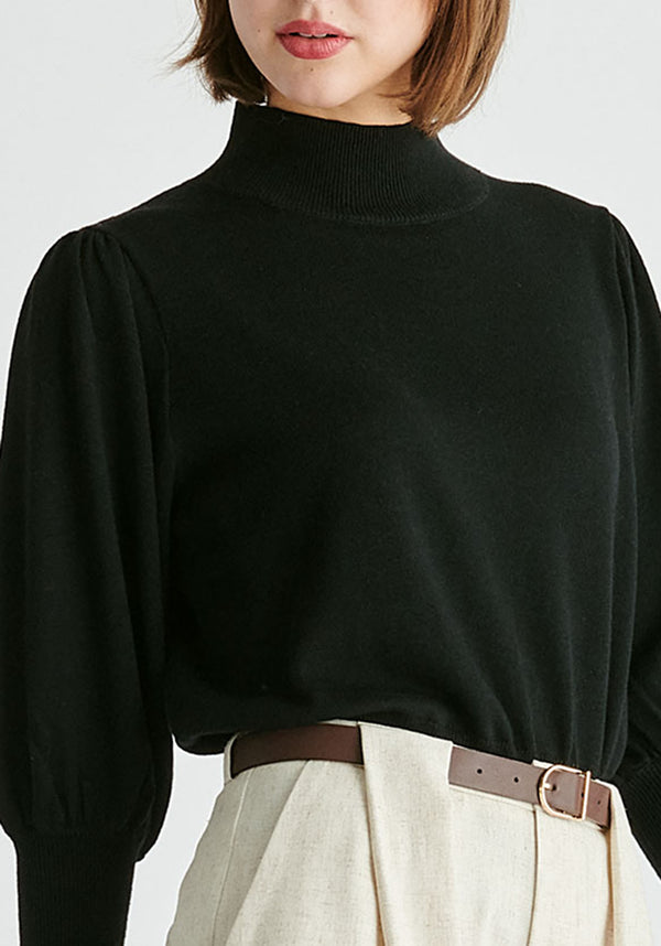 High Neck Knitted Top with Contrast Trim in Black Closeup